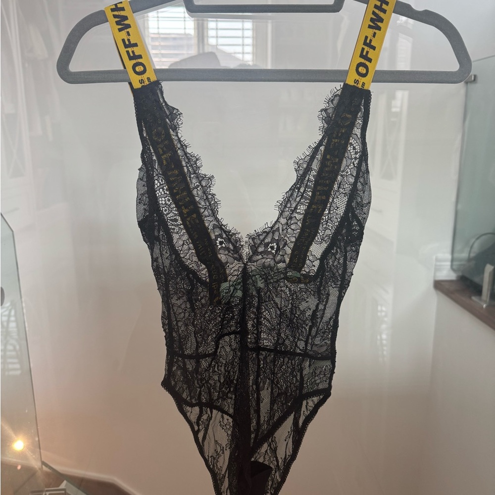 Off-White Black Lace Bodysuit with Yellow Logo Straps